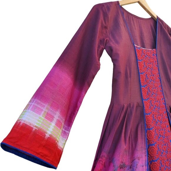 Long Sleeve Dress Floral Red Blue Embroidered Patchwork Kameez Size S NWOT - Picture 6 of 16